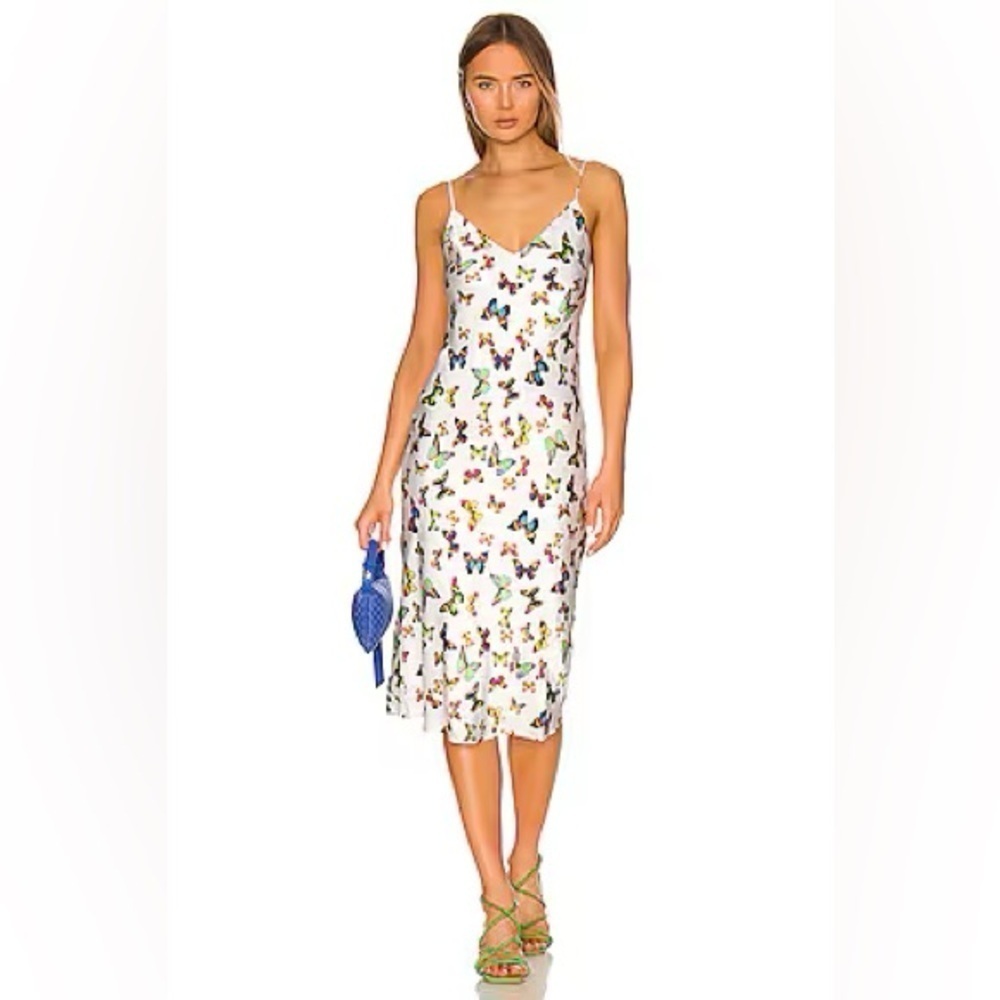 L’AGENCE Jodie V Neck Butterfly Slip Dress White Multi Flutter 6 Silk
